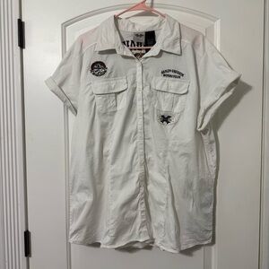 Harley Davidson Short Sleeve Button Up Women’s Size 1W White Embroidered Logos